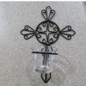 Black Wrought Iron Cross with Votive Cup